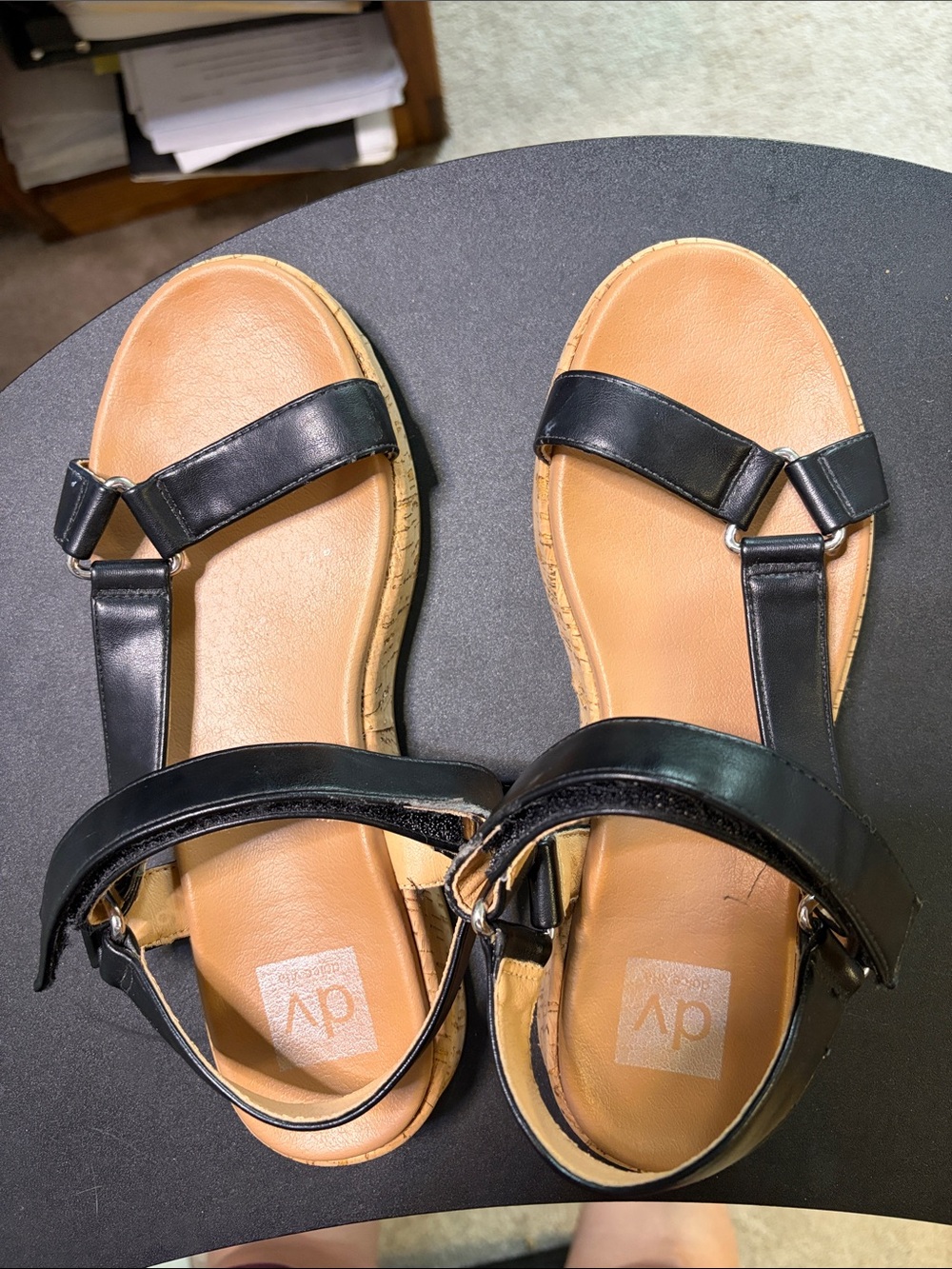 DV by Dolce Vita Black T-Strap Sandals with Tan Footbed